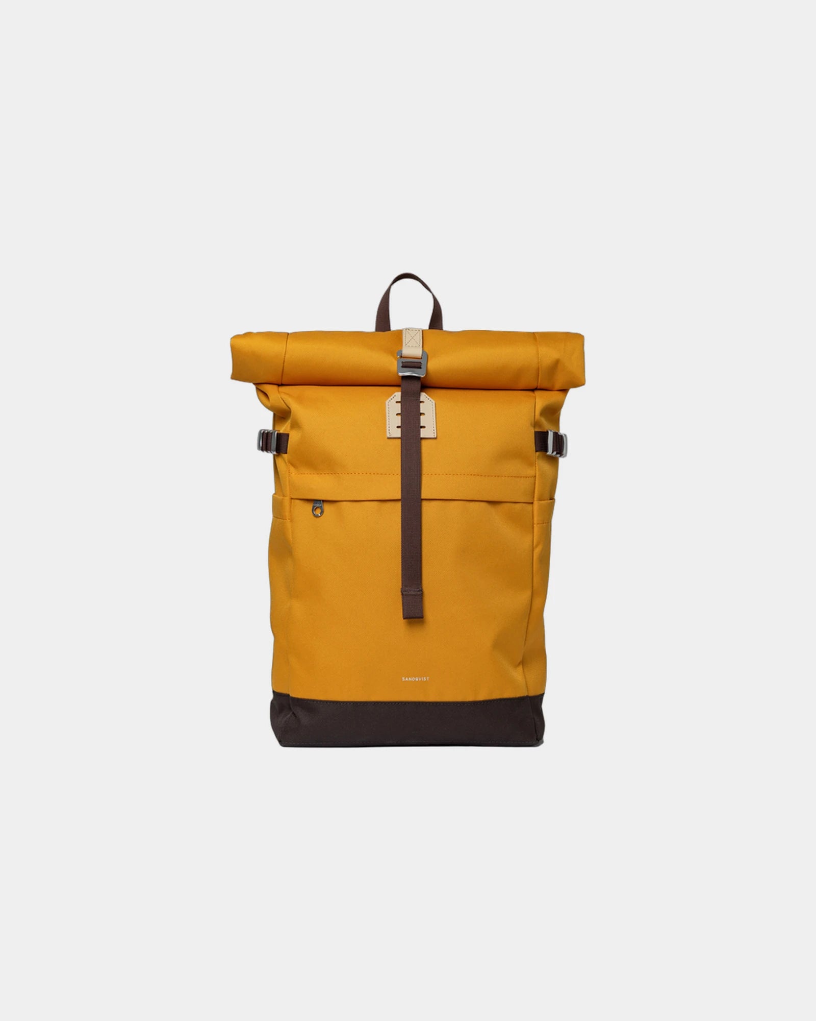 Sac à dos recyclé Sandqvist Icon Rolltop 23L à personnaliser - Golden Yellow With Natural Leather