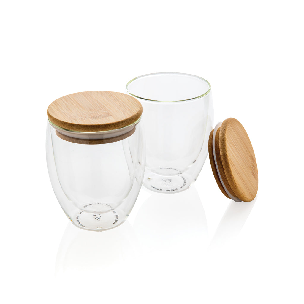Promotional double-wall 250ml glass set with bamboo lid - Transparent