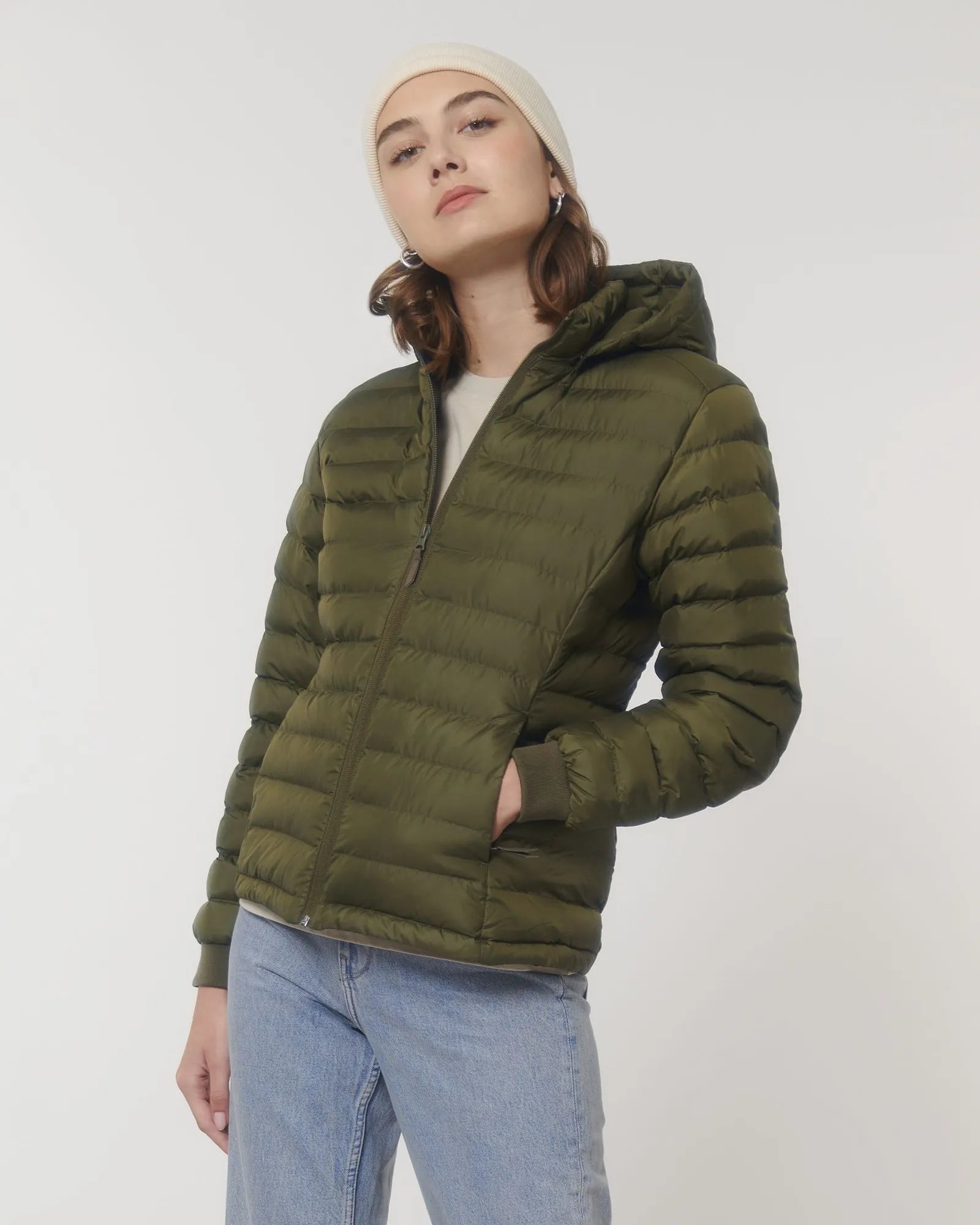 Custom promotional recycled polyester women's quilted jacket - British Khaki
